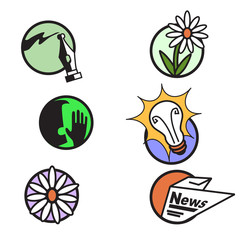 Several news related icons; a pen writing, an new daisy, a figure whispering or shouting, a light bulb, and a newspaper.
