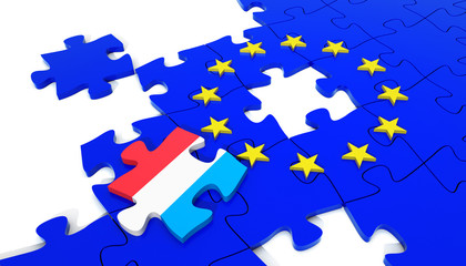 European Union Puzzle and one Puzzle Piece with Luxembourg Flag. 3D illustration