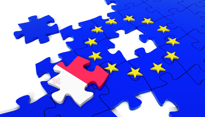 European Union Puzzle and one Puzzle Piece with Malta Flag. 3D illustration