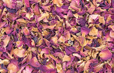 Red rosebuds and petals crushed.