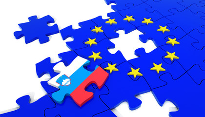 European Union Puzzle and one Puzzle Piece with Slovenia Flag. 3D illustration