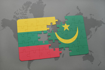 puzzle with the national flag of lithuania and mauritania on a world map
