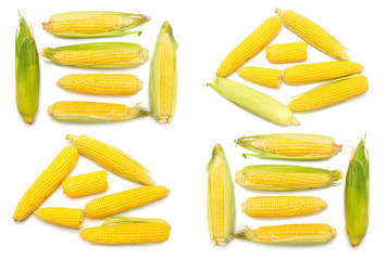 Corn with skin or without skin isolated on white background. A collection of corn. Top view, flat