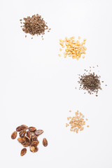 Heaps of different seeds. Copy space.