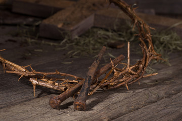 Closeup of Crown of Thorns and Nails