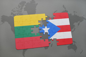 puzzle with the national flag of lithuania and puerto rico on a world map