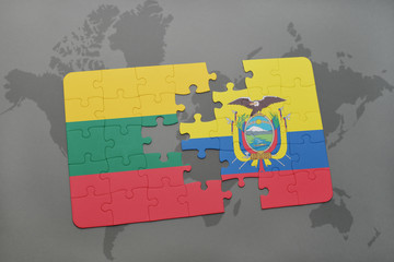 puzzle with the national flag of lithuania and ecuador on a world map