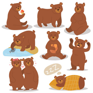 Cartoon bear character different pose vector set.