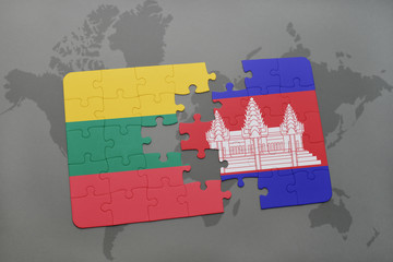 puzzle with the national flag of lithuania and cambodia on a world map