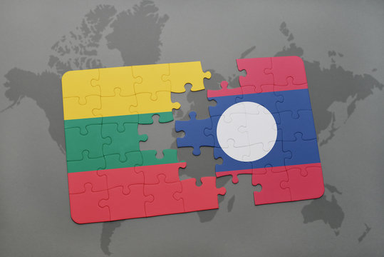 puzzle with the national flag of lithuania and laos on a world map