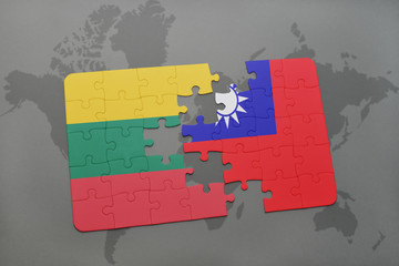 puzzle with the national flag of lithuania and taiwan on a world map