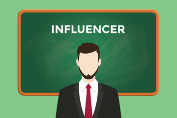 influencer white text illustration with a bearded man wearing black suit standing in front of green chalk board