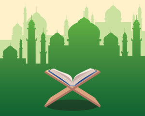 illustration of Holy Qoran on wood table with green silhouette of a mosque with dome and towers as background