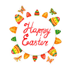 Watercolor Easter wreath with easter eggs. Circle border.