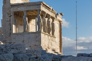 The Porch of the Caryatids in The Erechtheion an ancient Greek temple on the north side of the Acropolis of Athens, Attica, Greece