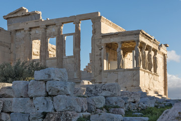 The Porch of the Caryatids in The Erechtheion an ancient Greek temple on the north side of the Acropolis of Athens, Attica, Greece
