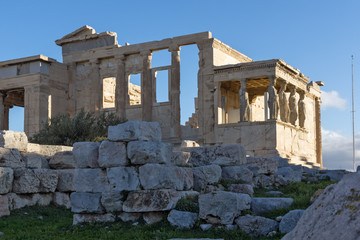 Obraz premium The Porch of the Caryatids in The Erechtheion an ancient Greek temple on the north side of the Acropolis of Athens, Attica, Greece