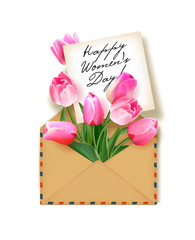 Tulips with a note in an envelope. Template for greeting card, banner, an invitation. Happy Women's Day Card. Concept spring background. Vector. The concept of flower delivery.