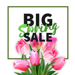 Spring sale card with pink tulips. Banner template. Vector illustration.