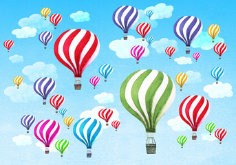 Naklejka premium Hot air balloons with clouds on blue sky background