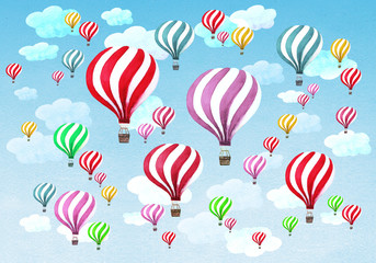 Hot air balloons with clouds on blue sky background