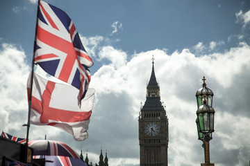 Fototapeta na wymiar British Union Jack flag blowing in the wind.