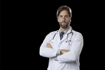 Male doctor in black background.