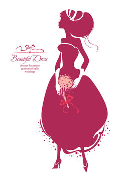 Girl in a magnificent dress holds in hands bouquet of flowers with ribbons. Vector silhouette illustration.