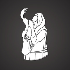Jew blowing the shofar sheep horn graphic vector.