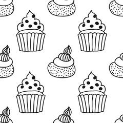 Black and white seamless pattern with cakes for coloring books.