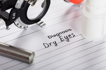 Text Diagnosis Dry Eyes On Paper With Diopter And Medicine