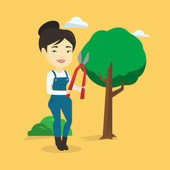 Farmer with pruner in garden vector illustration.