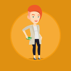 Business woman putting money bribe in pocket.