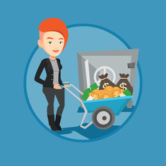 Business woman depositing money in bank in safe.