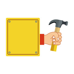 colorful silhouette plaque with hand holding hammer vector illustration