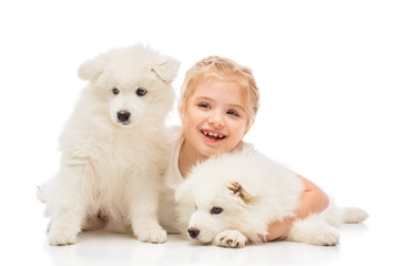 Little girl with a samoyed puppies