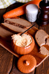 Chicken liver pate and bread, top view