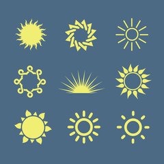 Set of yellow icons of the sun, isolated on blue background. Sun logos collection. Vector illustration.