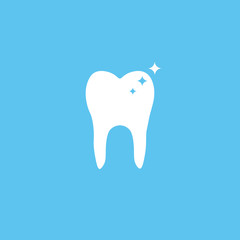 Tooth icon on blue background. Flat design style. Tooth silhouette. Dentist symbol. Simple icon. Web site page and mobile app design element. Vector illustration.