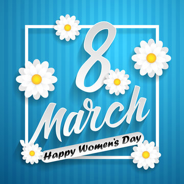 Women day lettering on blue background with flowers. 8 march