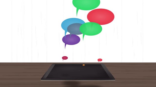 Kommunikation - Sprechblasen fliegen aus Tablet heraus