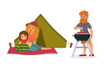 Picnic setting with fresh food hamper basket barbecue resting couple and summer meal party family people lunch garden character vector illustration.
