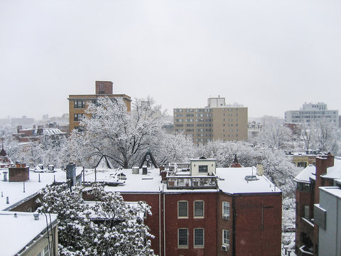 Cityscape Or Skyline Of Washington DC Dupont Circle Apartment Buildings In Winter Snow