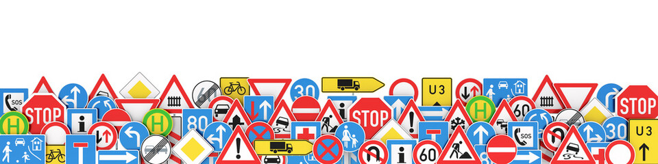 Vielen unterschiedlichen Verkehrsschildern isoliert weißer Hintergrund, 3D Rendering