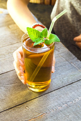 Woman (girl) drink Kombucha