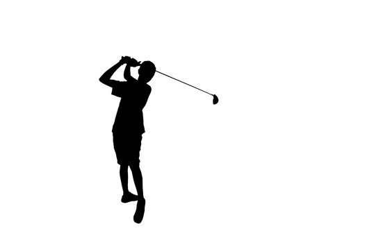 silhouette golfer in action hitting golf shot isolated  on white background 