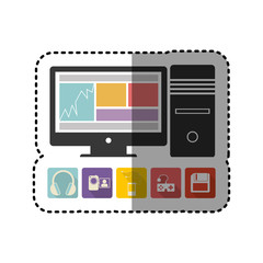 sticker colorful desktop computer with icon apps vector illustration