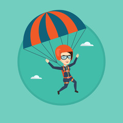 Young happy woman flying with parachute.