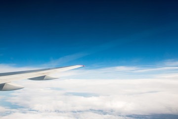 The wing of an airplane flying in the sky