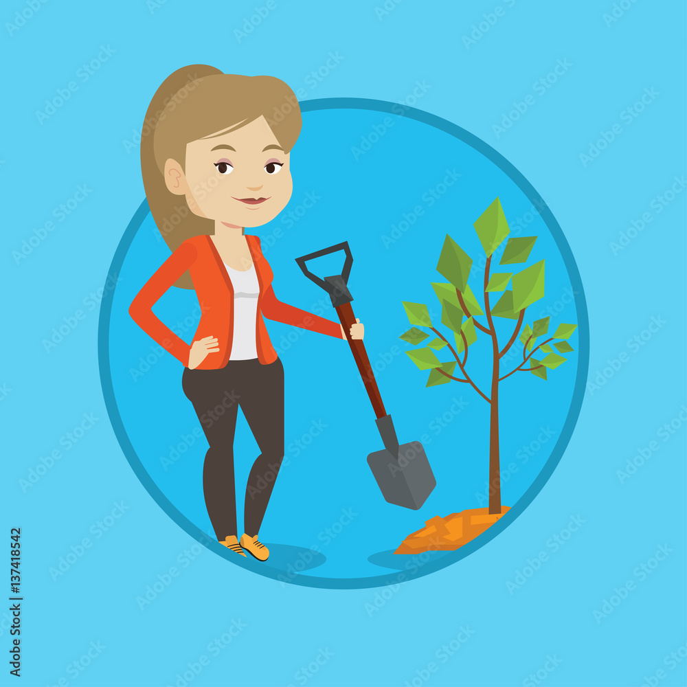 Sticker woman plants tree vector illustration.